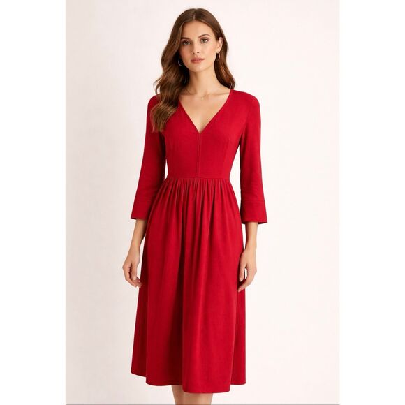 Max Mara Dresses & Skirts - S Max Mara Red V Neck Midi Dress Pleated Waist Long Sleeve Size 10